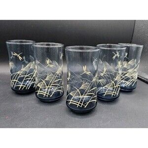 Vtg Bolero Blue Libby 5¼" Glasses Set of 5 Glasses Dragonfly and Wheat